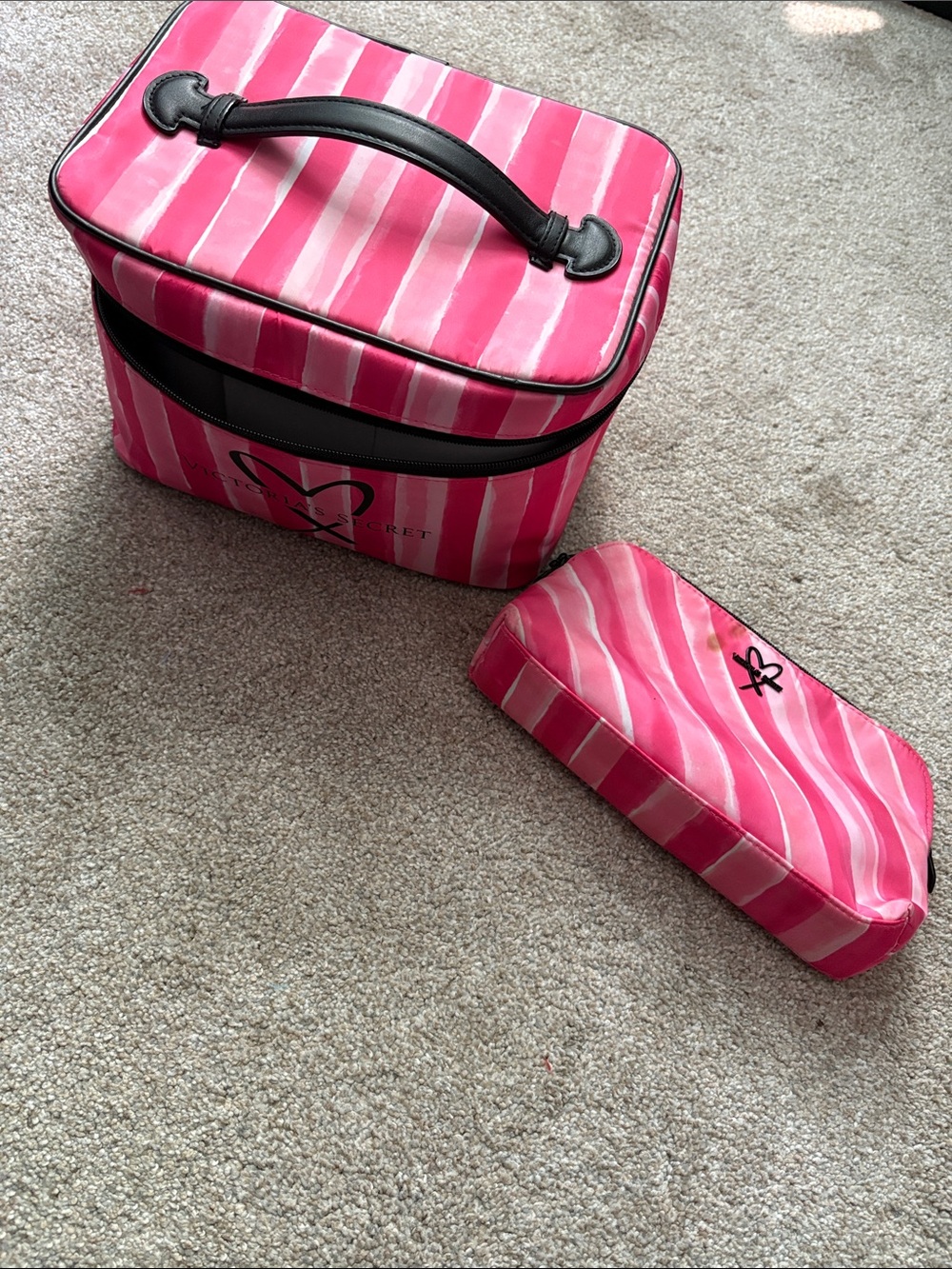 Victoria's Secret Pink & White Striped Cosmetic Case Set